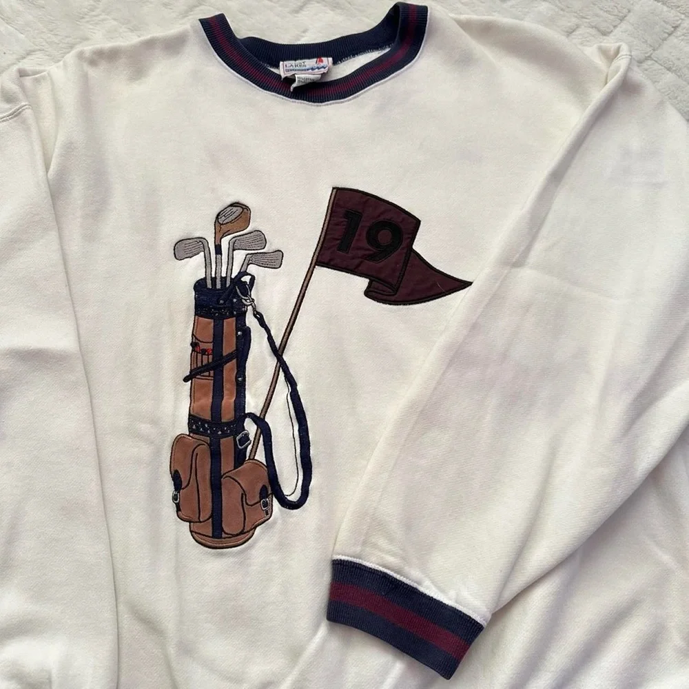 Vintage 1990s Cream Golf Clubs embroidered Graphic Sweatshirt with Stripe Trim L - Picture 2 of 8